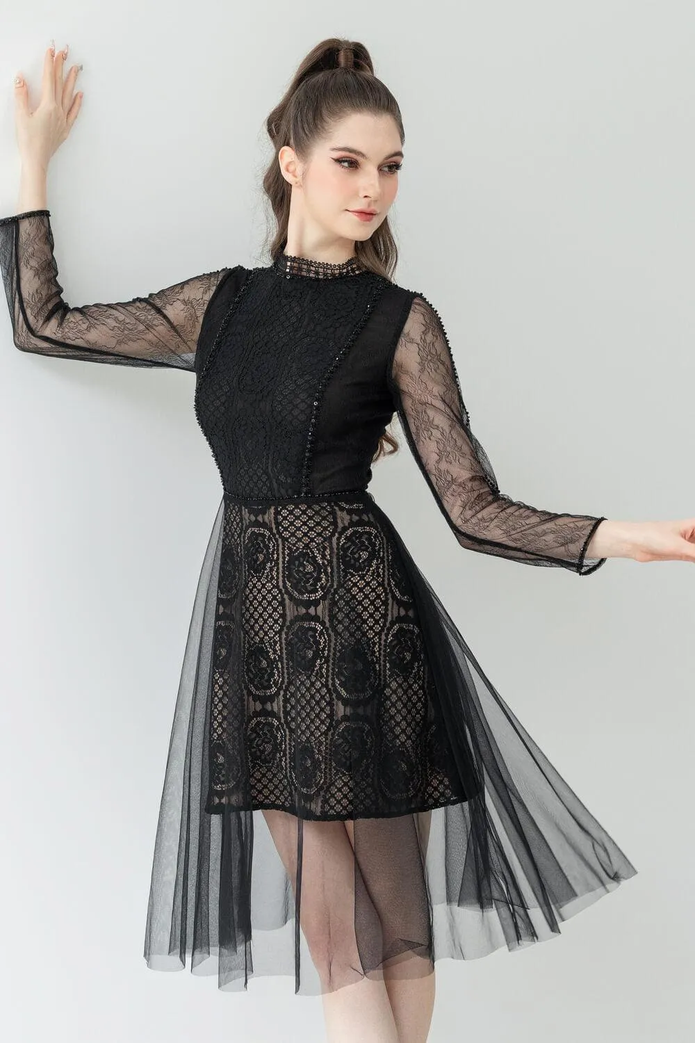 Evelyn A-line Long Sleeved Lace Below The Knee Dress