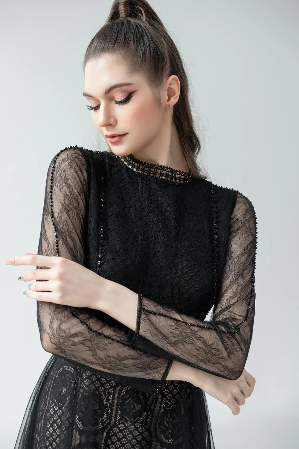 Evelyn A-line Long Sleeved Lace Below The Knee Dress