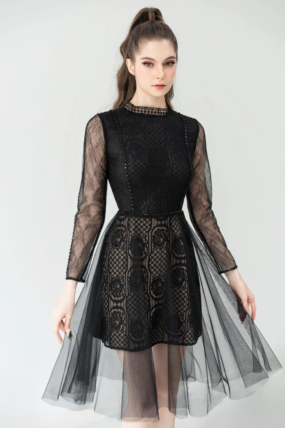 Evelyn A-line Long Sleeved Lace Below The Knee Dress