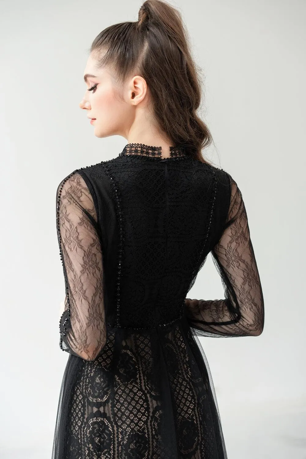 Evelyn A-line Long Sleeved Lace Below The Knee Dress