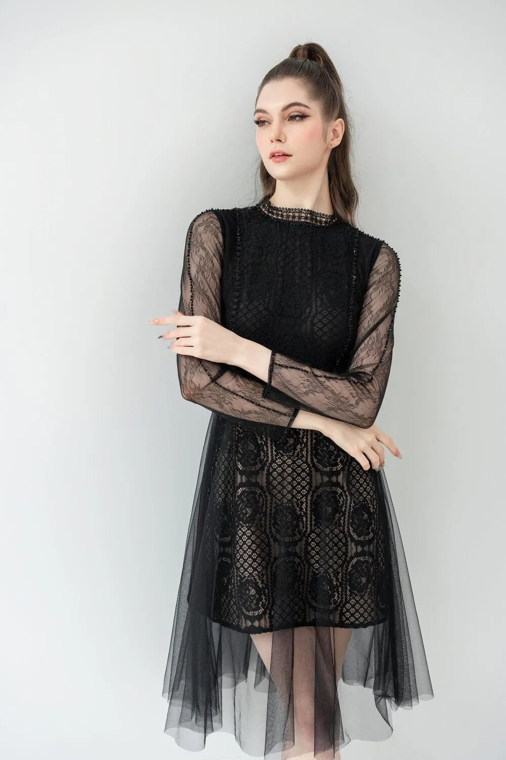 Evelyn A-line Long Sleeved Lace Below The Knee Dress