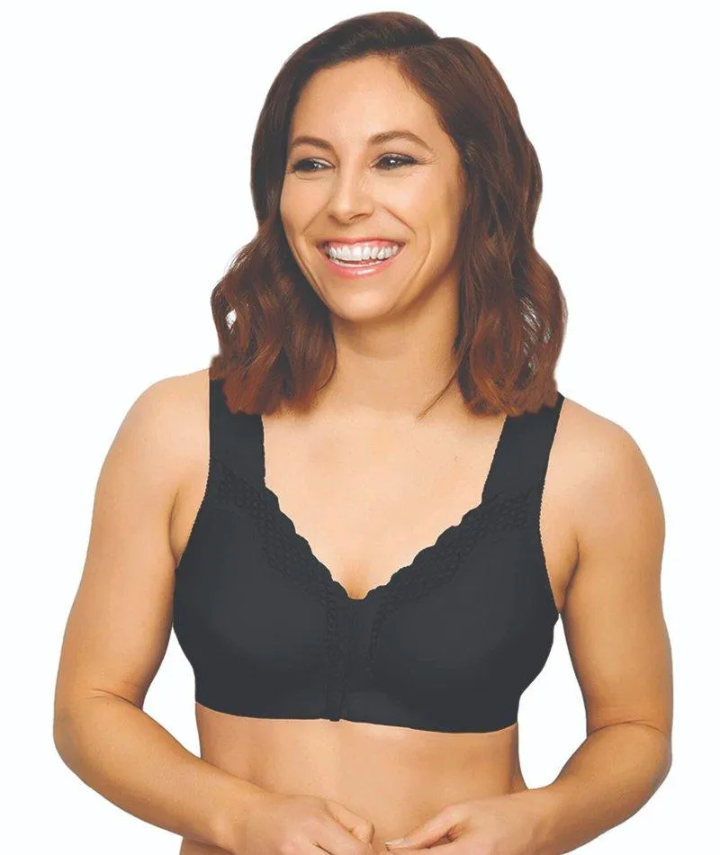 Exquisite Form Fully Front Close Wire-Free Cotton Posture Bra With Lace - Black