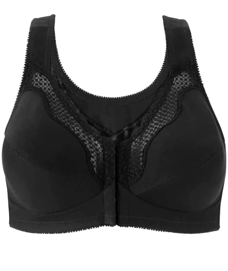 Exquisite Form Fully Front Close Wire-Free Cotton Posture Bra With Lace - Black