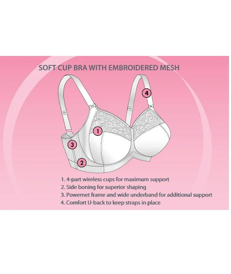 Exquisite Form Fully Soft Cup Wire-Free Bra With Embroidered Mesh - White