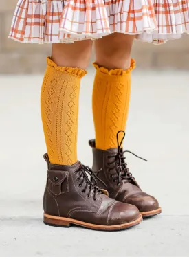 Fancy Lace Top Knee High Socks - Marigold