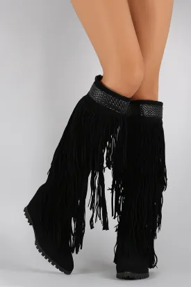 Fringe Woven Pointy Toe Knee High Hidden Wedge Boot