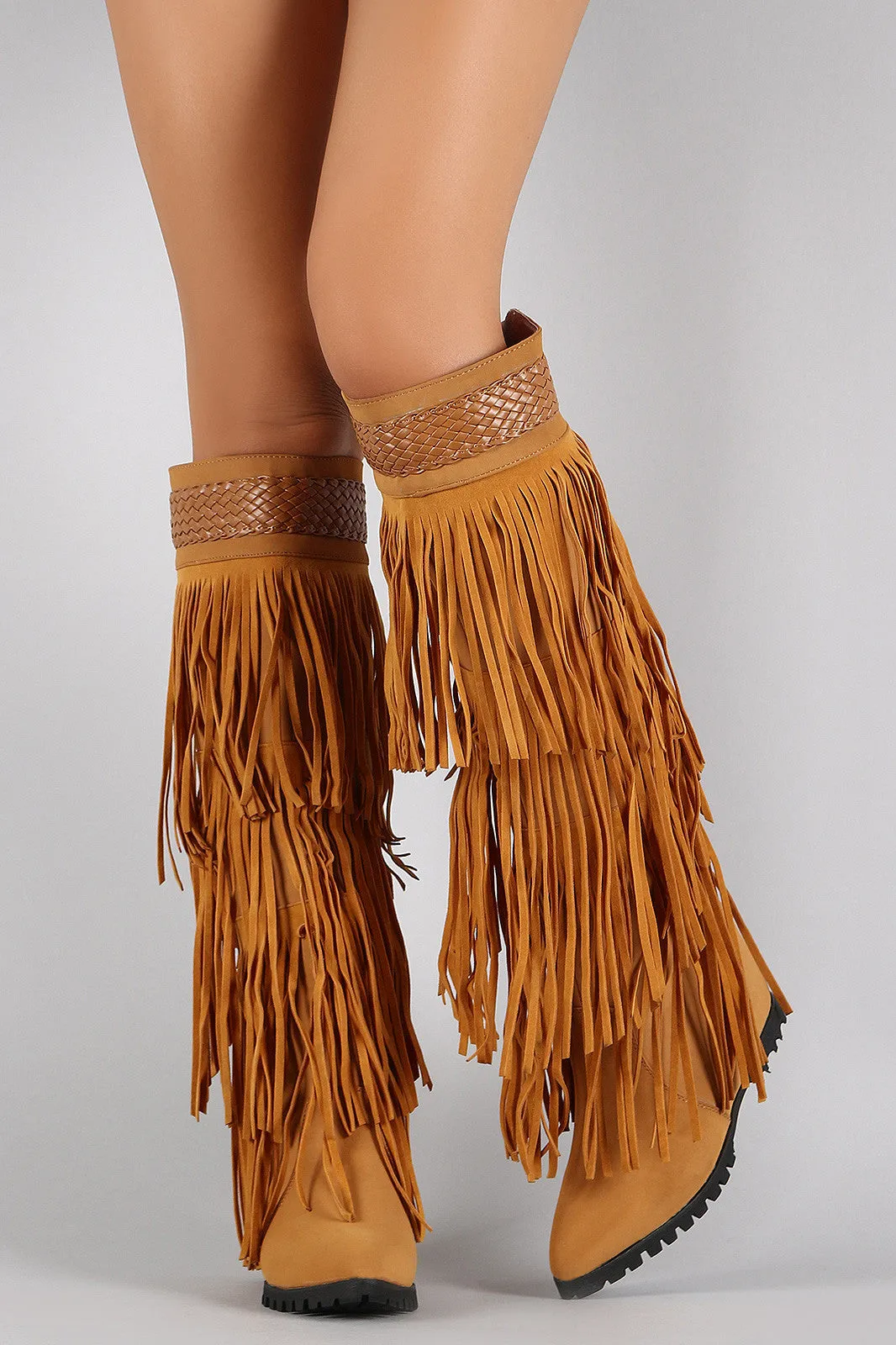 Fringe Woven Pointy Toe Knee High Hidden Wedge Boot