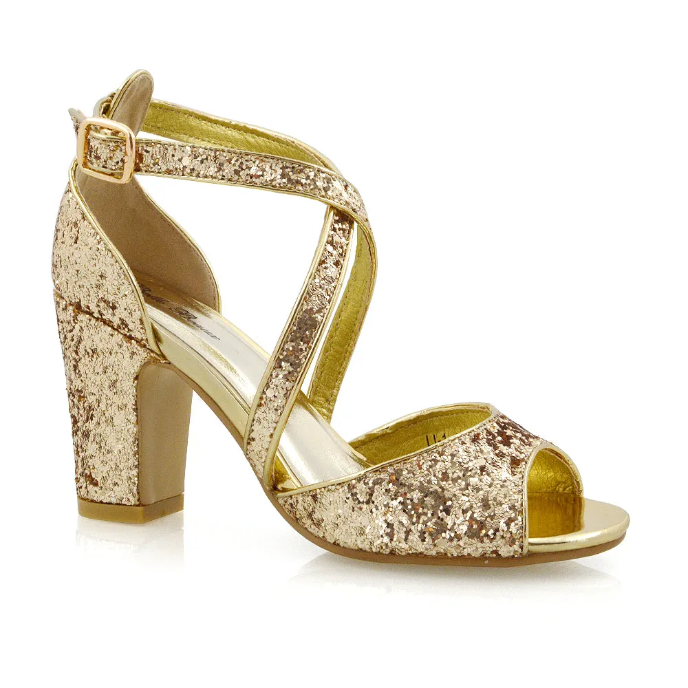 HARLOW CROSS OVER STRAPPY BUCKLE PEEP TOE BLOCK HIGH HEELS IN GOLD GLITTER