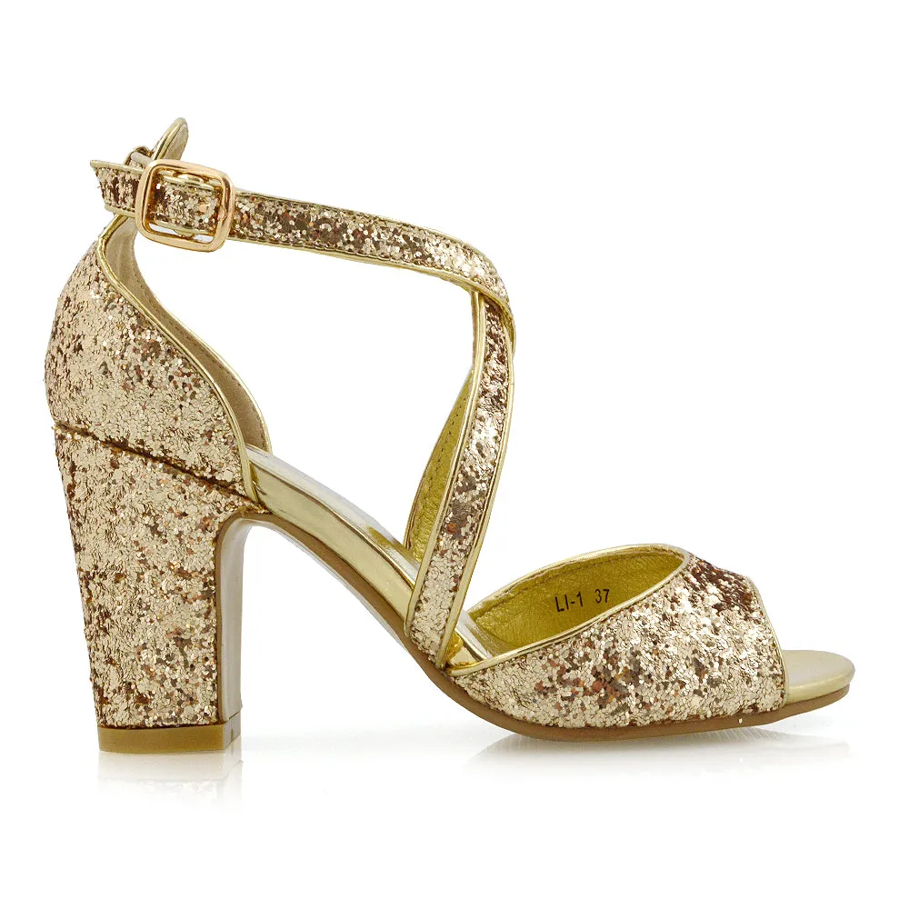 HARLOW CROSS OVER STRAPPY BUCKLE PEEP TOE BLOCK HIGH HEELS IN GOLD GLITTER