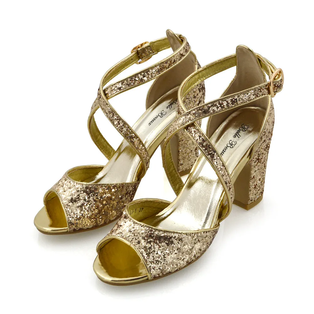 HARLOW CROSS OVER STRAPPY BUCKLE PEEP TOE BLOCK HIGH HEELS IN GOLD GLITTER