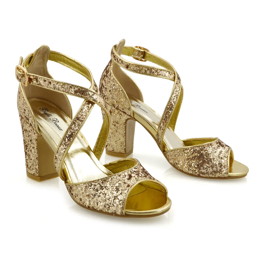 HARLOW CROSS OVER STRAPPY BUCKLE PEEP TOE BLOCK HIGH HEELS IN GOLD GLITTER