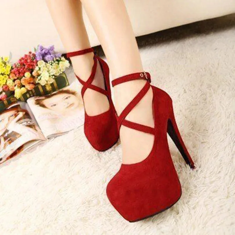 Hnzxzm Shoes Woman Pumps Cross-Tied Ankle Strap Wedding Party Shoes Platform Dress Women Shoes High Heels Suede Ladies Shoes Plus Size