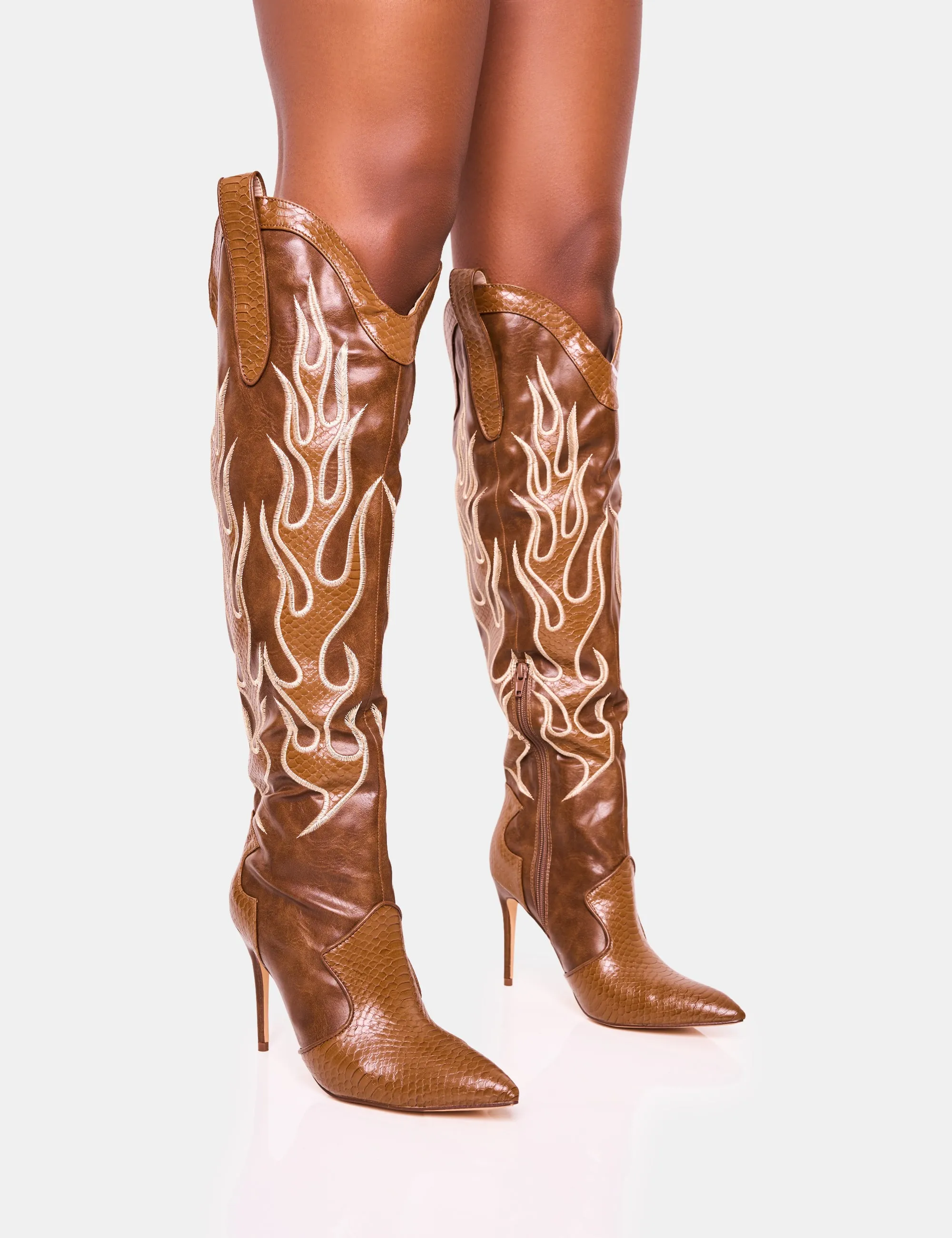 Jacksonville Brown Flame Motif Western Heeled Over the Knee Boot