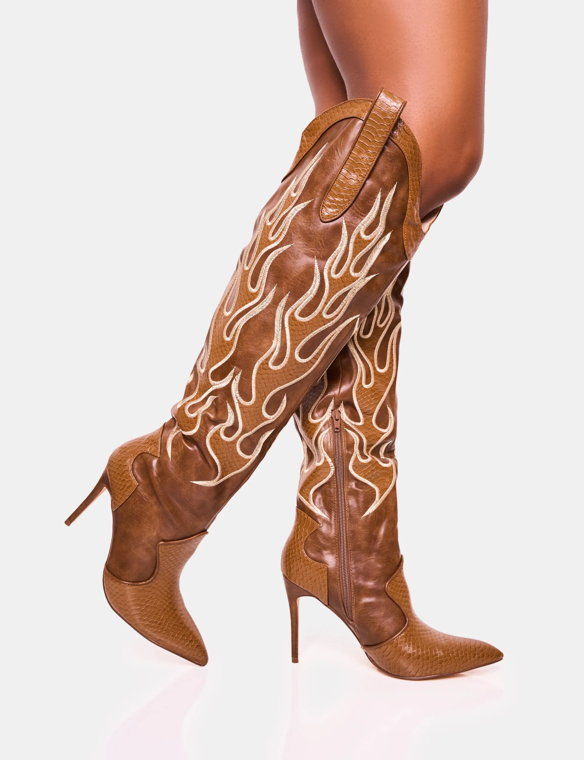 Jacksonville Brown Flame Motif Western Heeled Over the Knee Boot