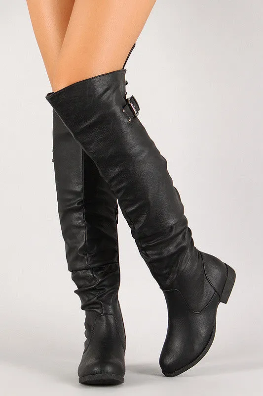 Lace Up Buckled Back Collar Slouchy Over-The-Knee Boot