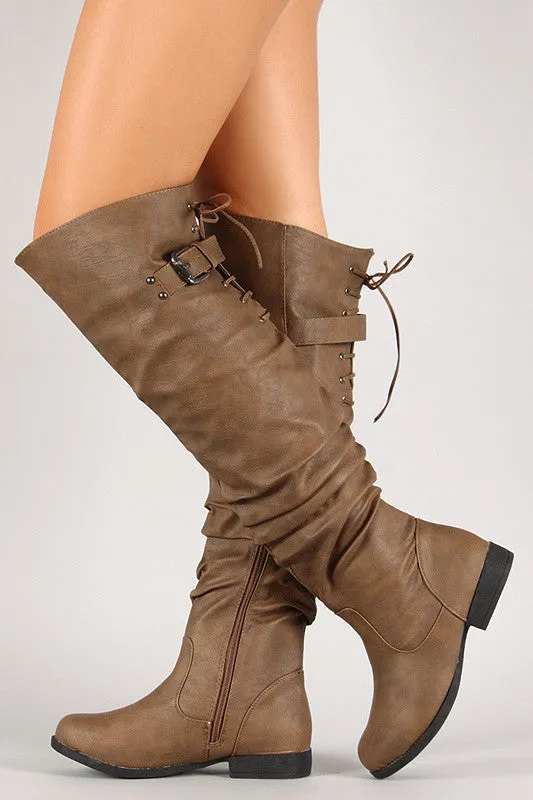 Lace Up Buckled Back Collar Slouchy Over-The-Knee Boot