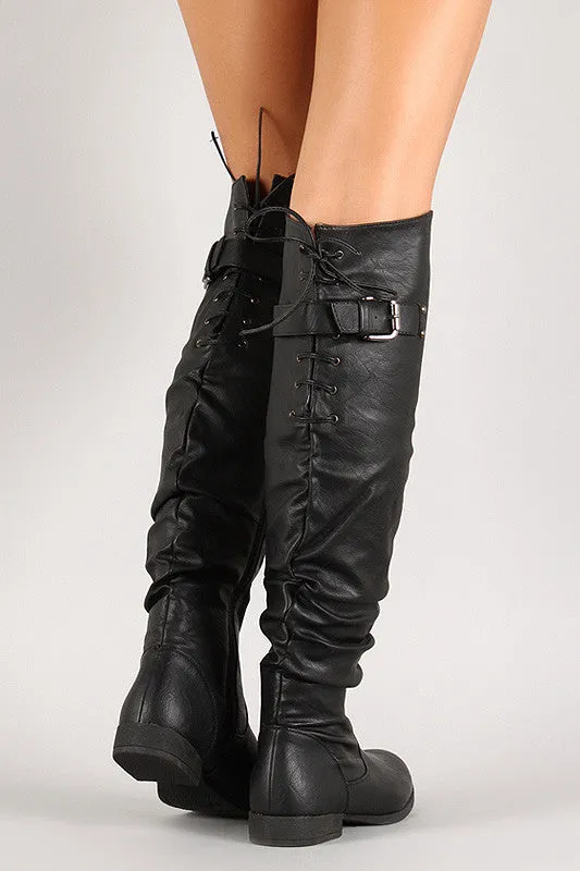 Lace Up Buckled Back Collar Slouchy Over-The-Knee Boot