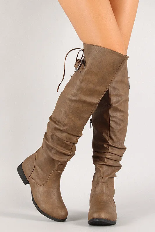 Lace Up Buckled Back Collar Slouchy Over-The-Knee Boot