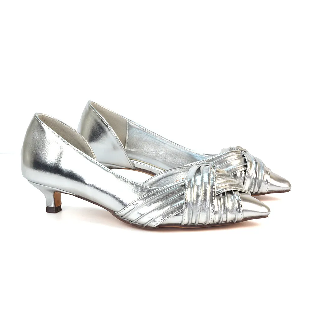 Lake Kitten Heel Pointed Toe Slip on Bridal Shoes in Silver Metallic