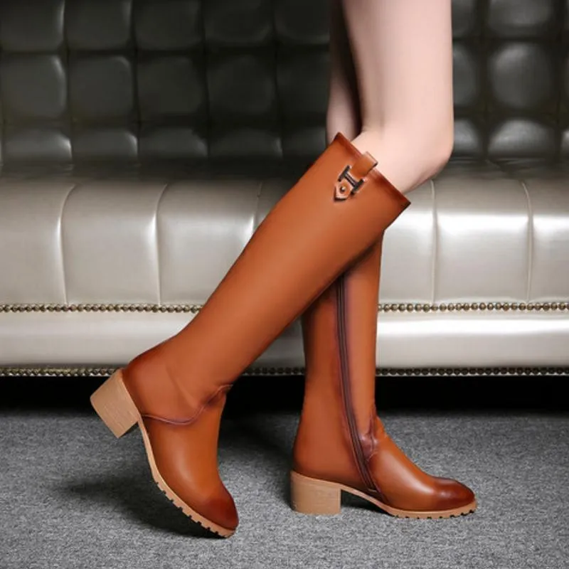 Leather Plush Faux Fur Metal Buckle Knee High Boots