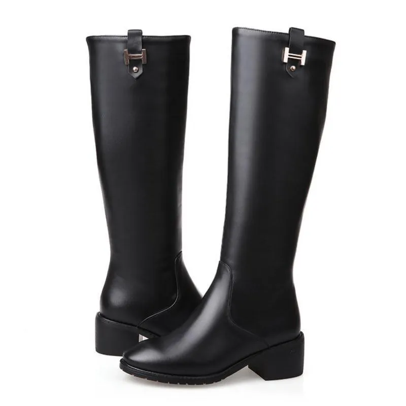 Leather Plush Faux Fur Metal Buckle Knee High Boots