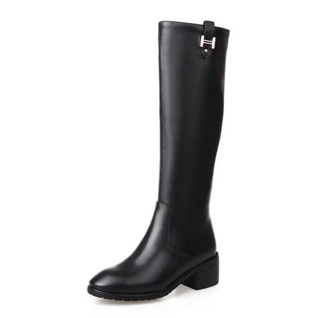 Leather Plush Faux Fur Metal Buckle Knee High Boots