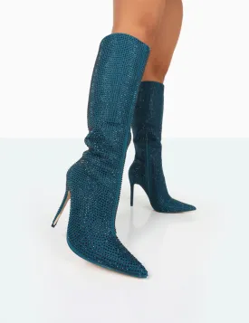 Lexi Teal Diamante Stiletto Knee High Boots