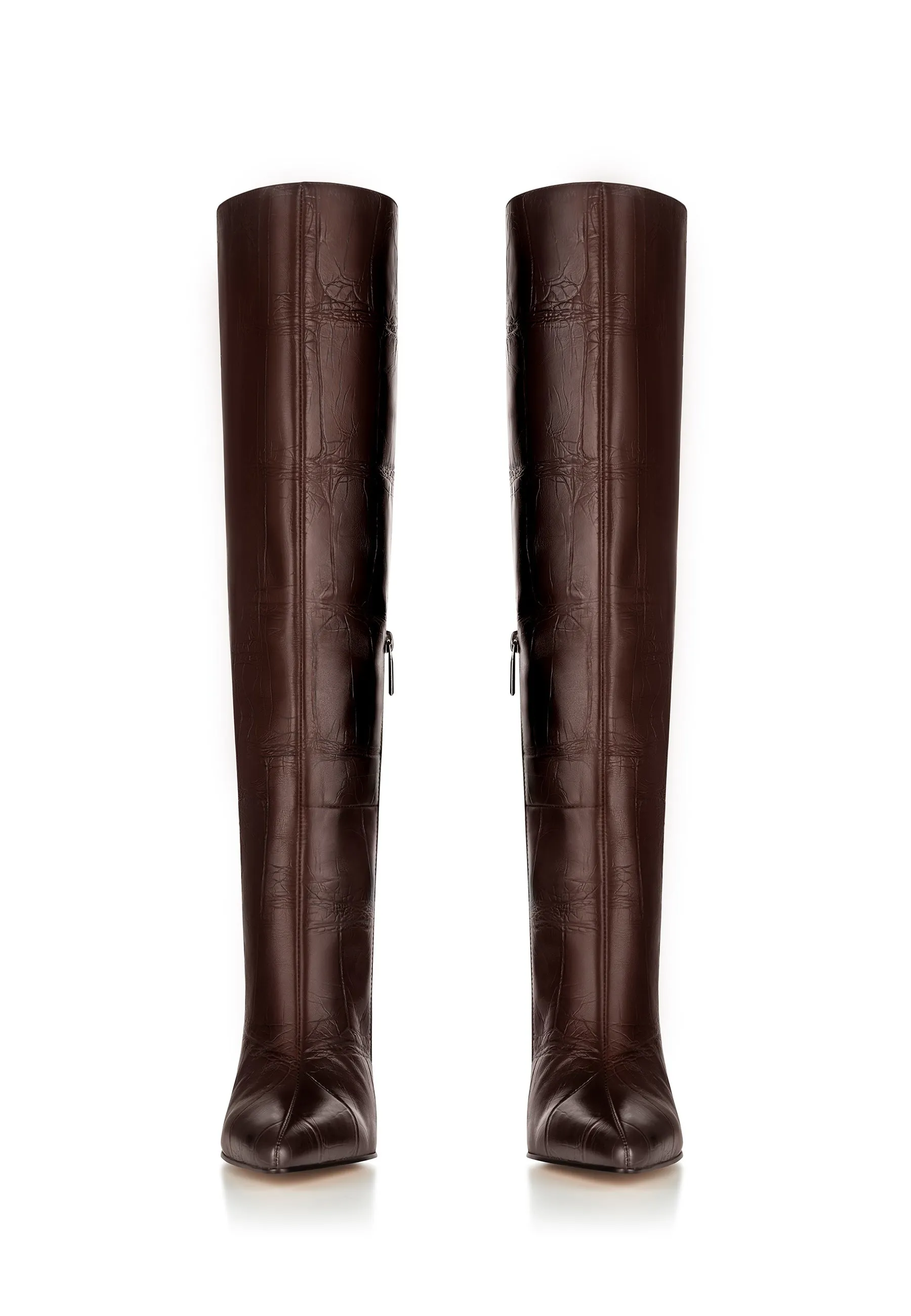 Luxurious Brown Croc-Embossed Leather Knee-High Boots - High Heel Elegance - Brown