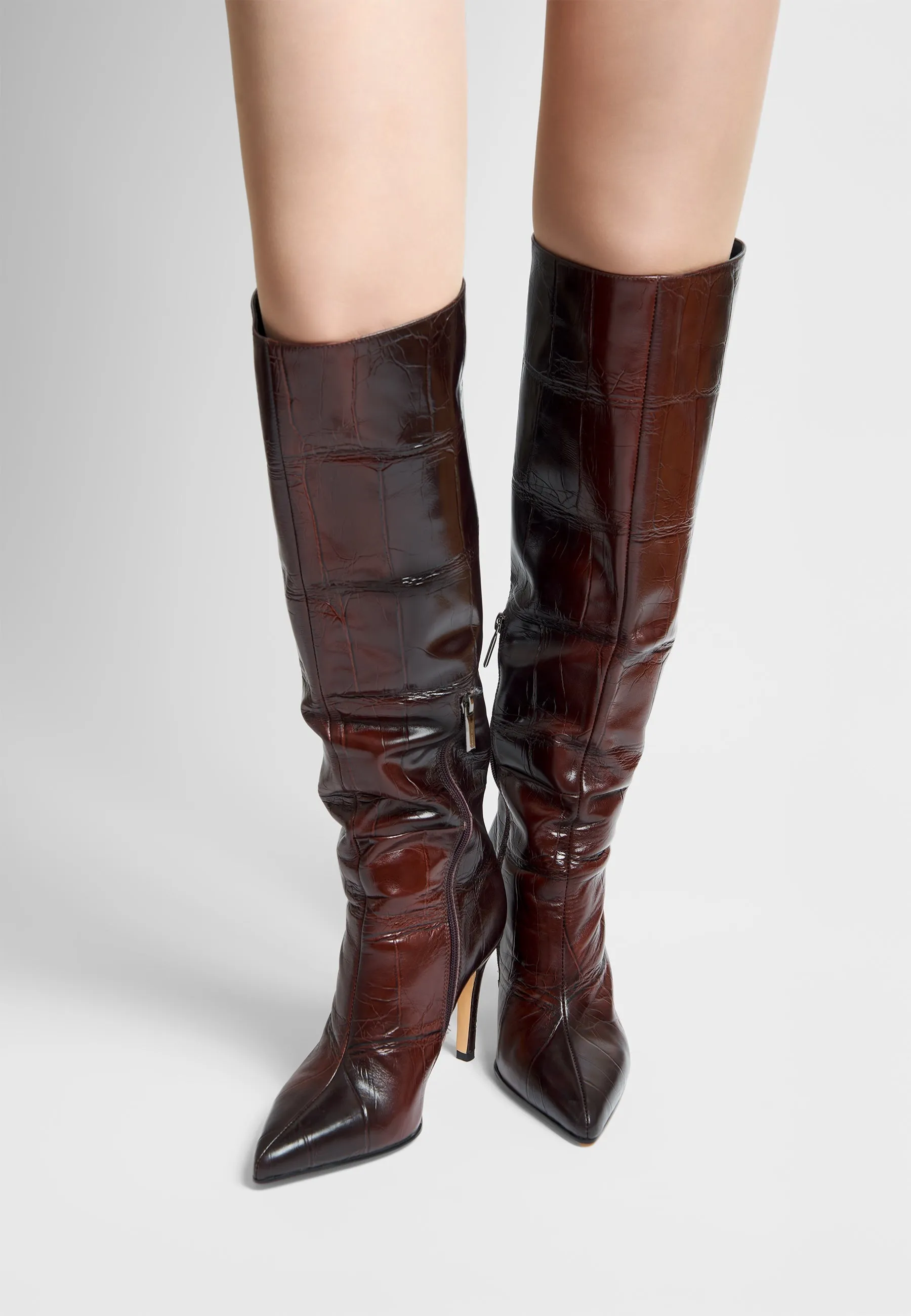 Luxurious Brown Croc-Embossed Leather Knee-High Boots - High Heel Elegance - Brown