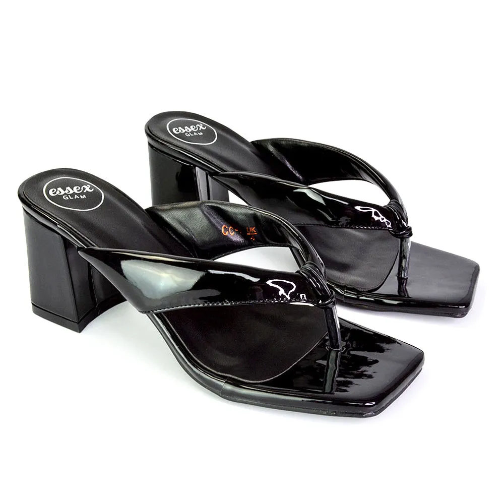 Lylia Square Toe Toe Post Thong Mid Block Heel Sandal Mules in Black