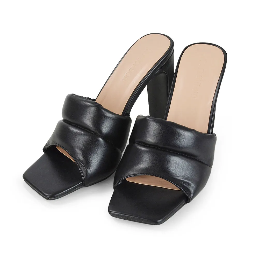 Mallory Square Toe Strappy Slip on Slim Block High Heel Mule Sandals in Black PU