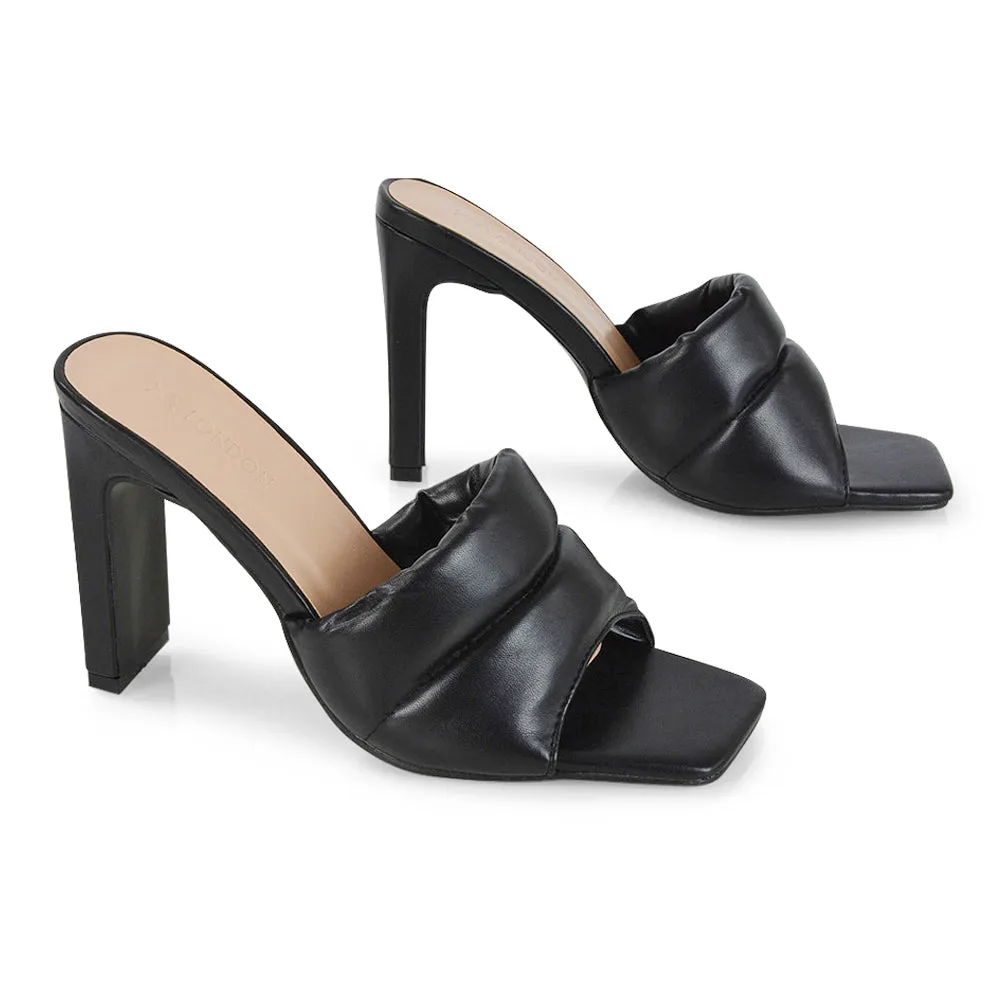 Mallory Square Toe Strappy Slip on Slim Block High Heel Mule Sandals in Black PU