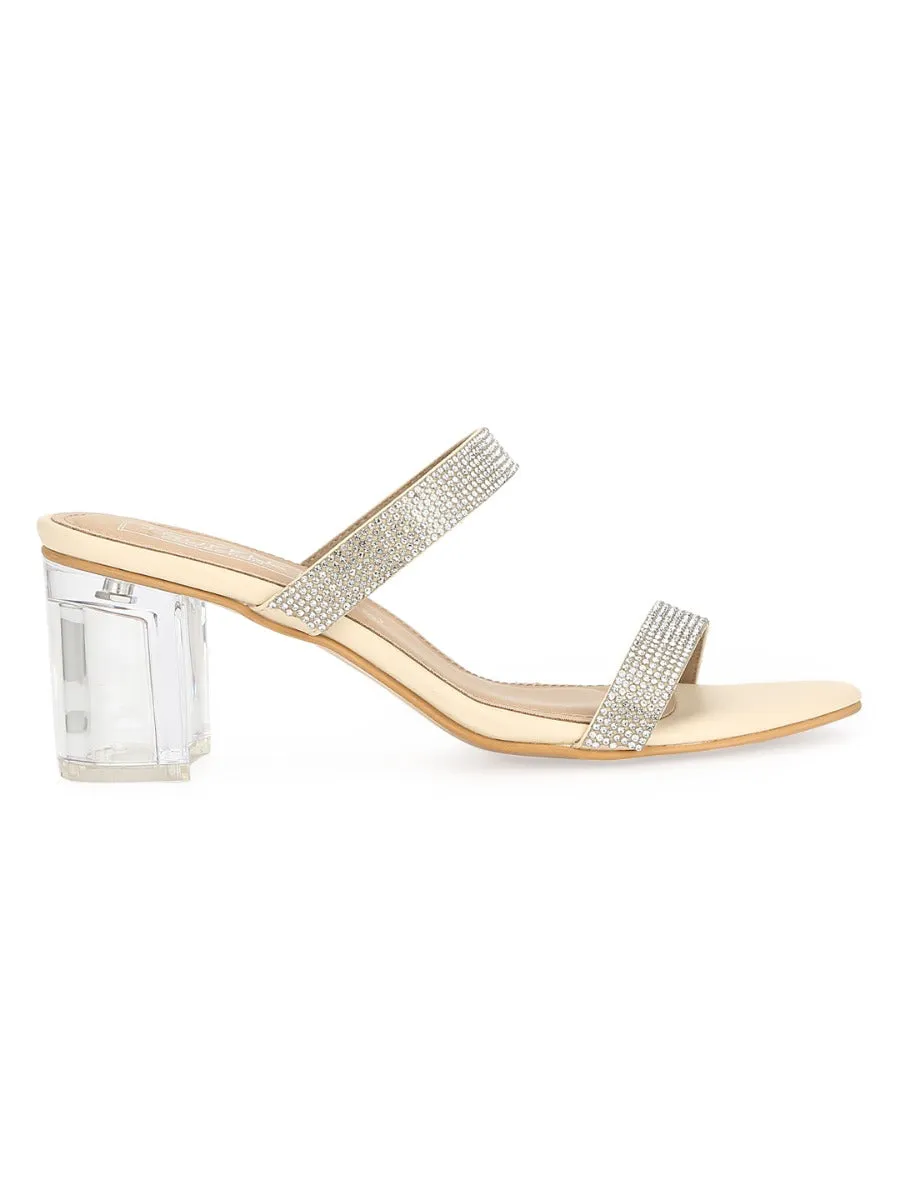 Nude PU Clear Heel Diamante Mules