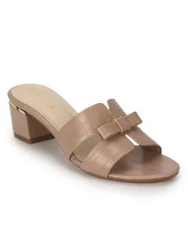 Nude PU Low Heel Croc Mules