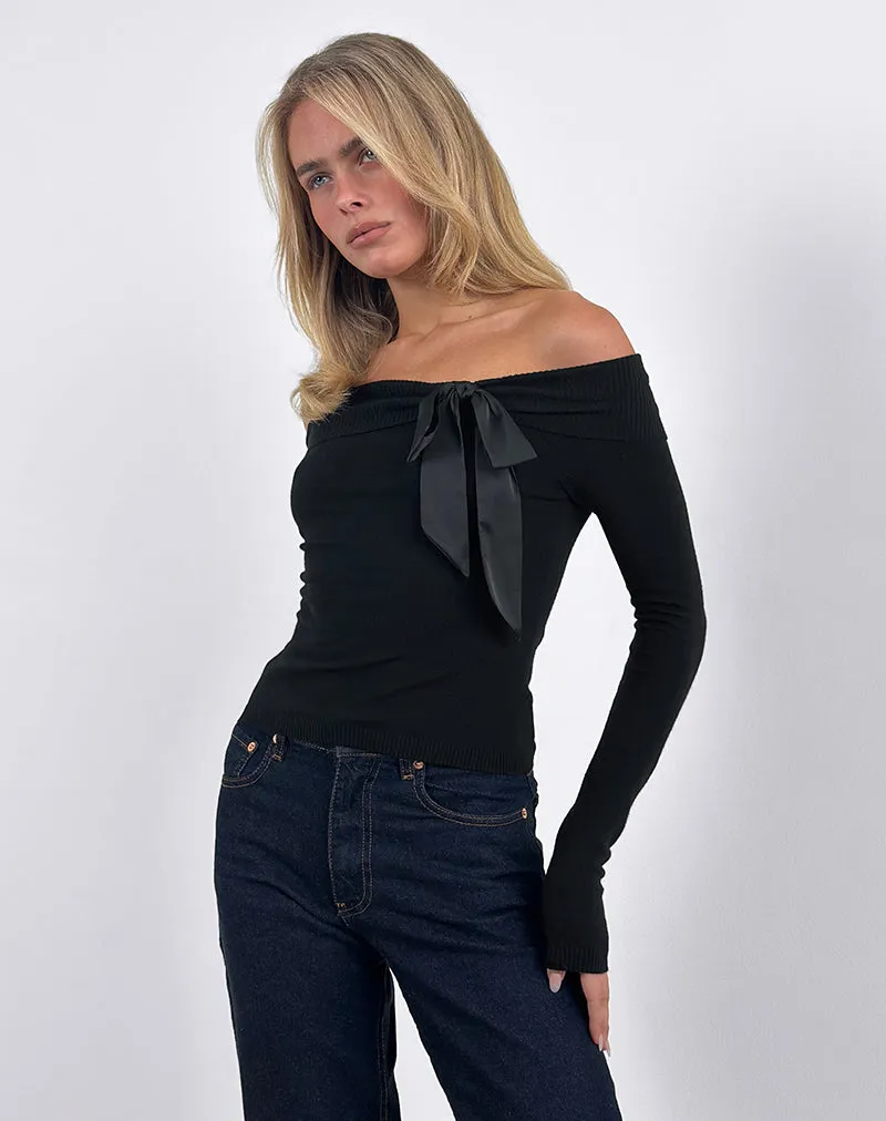 Orianne Bardot Top in Knit Black with Satin Bow