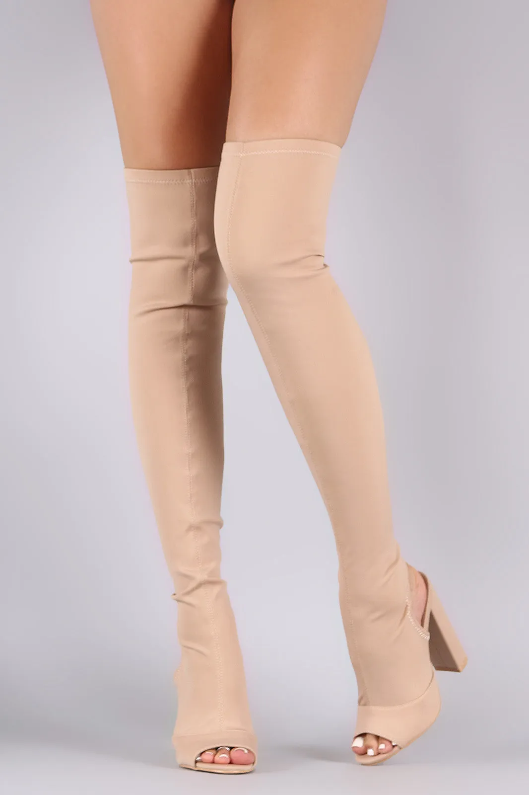 Peep Toe Fitted Chunky Heeled Over The Knee Boots