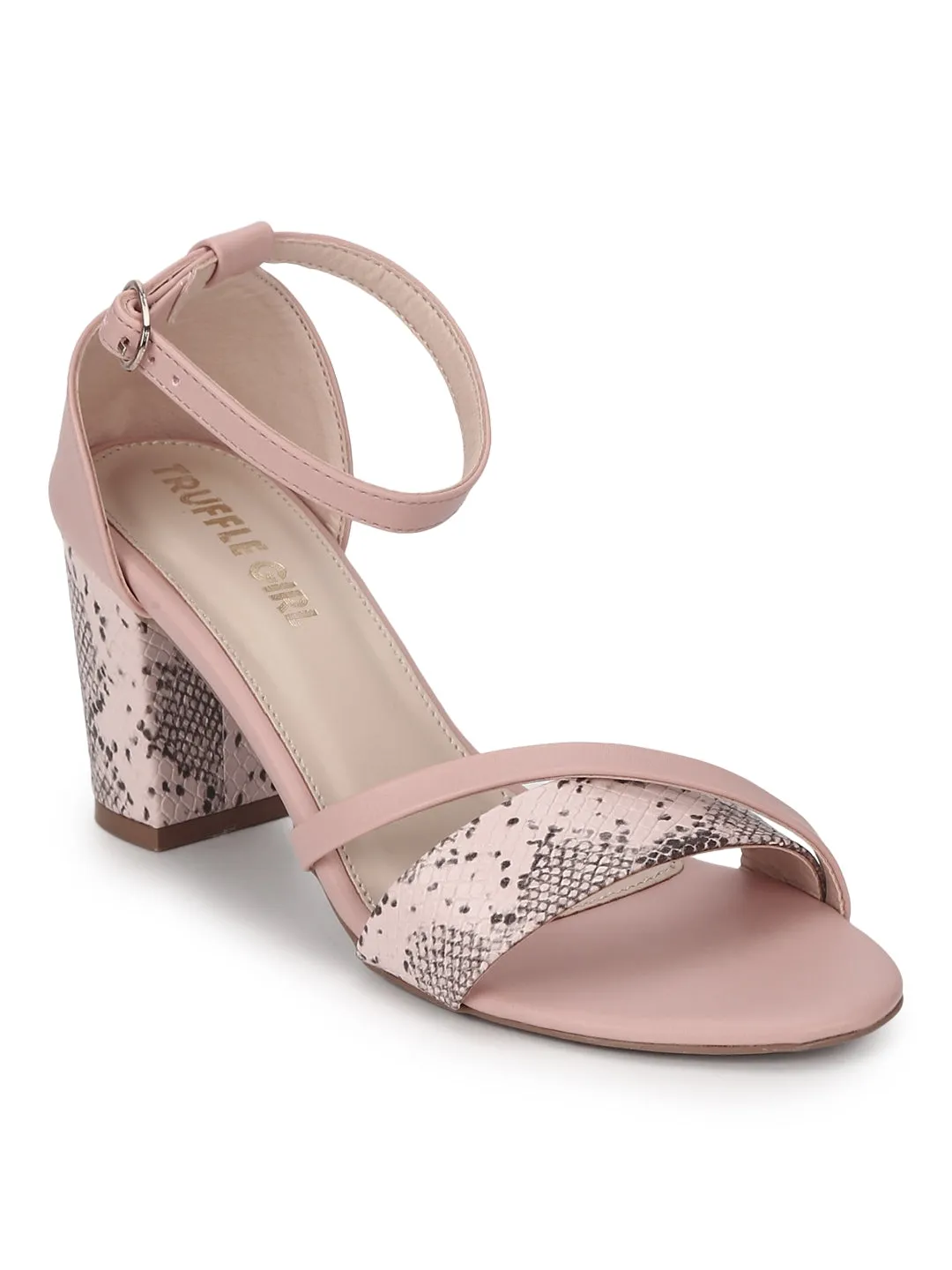 Pink PU Snake Pattern Block Heels