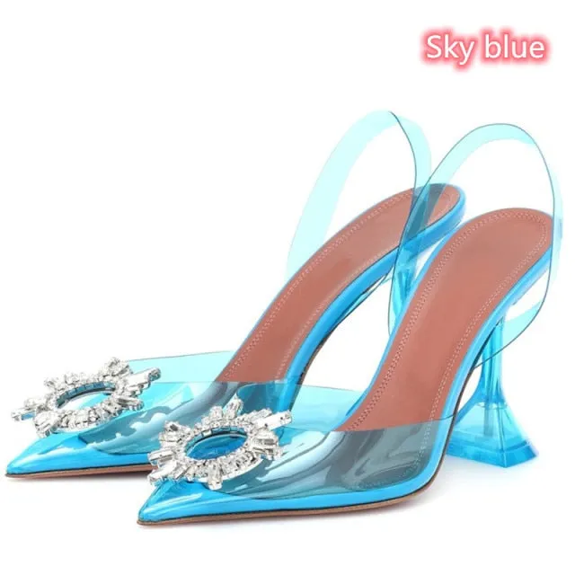 Pointed Toe Satin Slingback Embellished Pyramid Heel