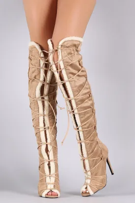 Privileged Shearling Trim Peep Toe Lace Up Stiletto Boots