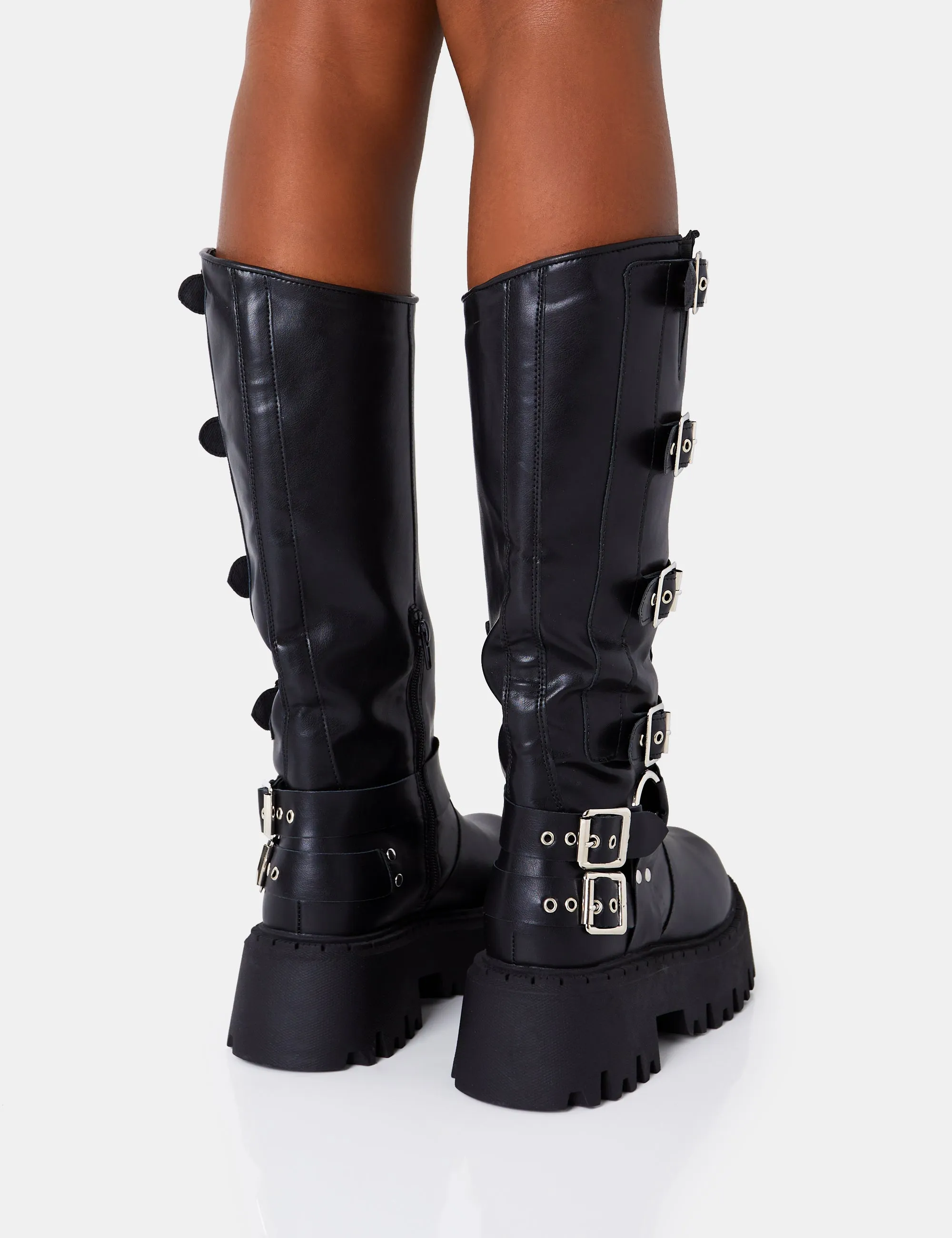 Punk Black Pu Chunky Sole Buckle Down Knee High Boot