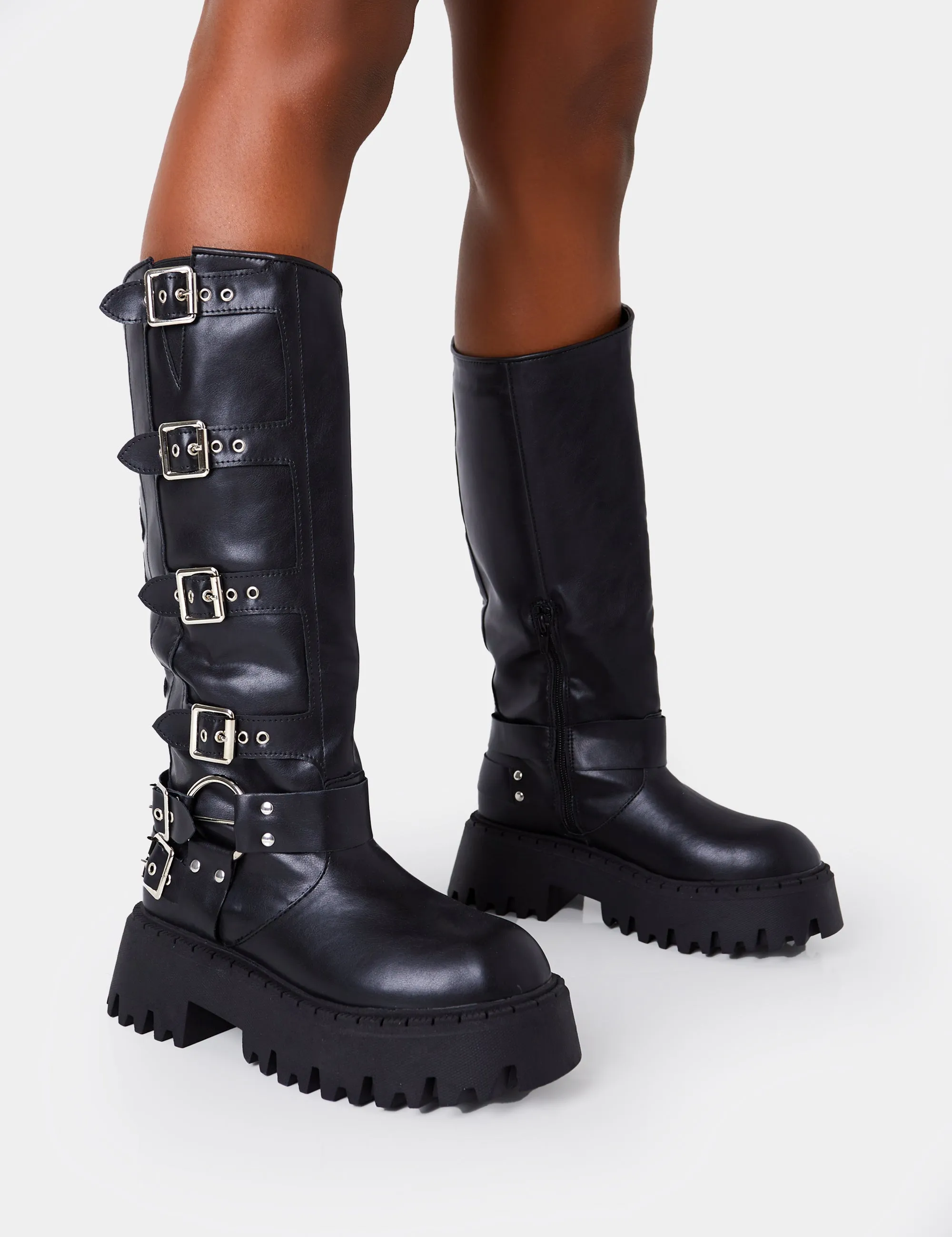 Punk Black Pu Chunky Sole Buckle Down Knee High Boot