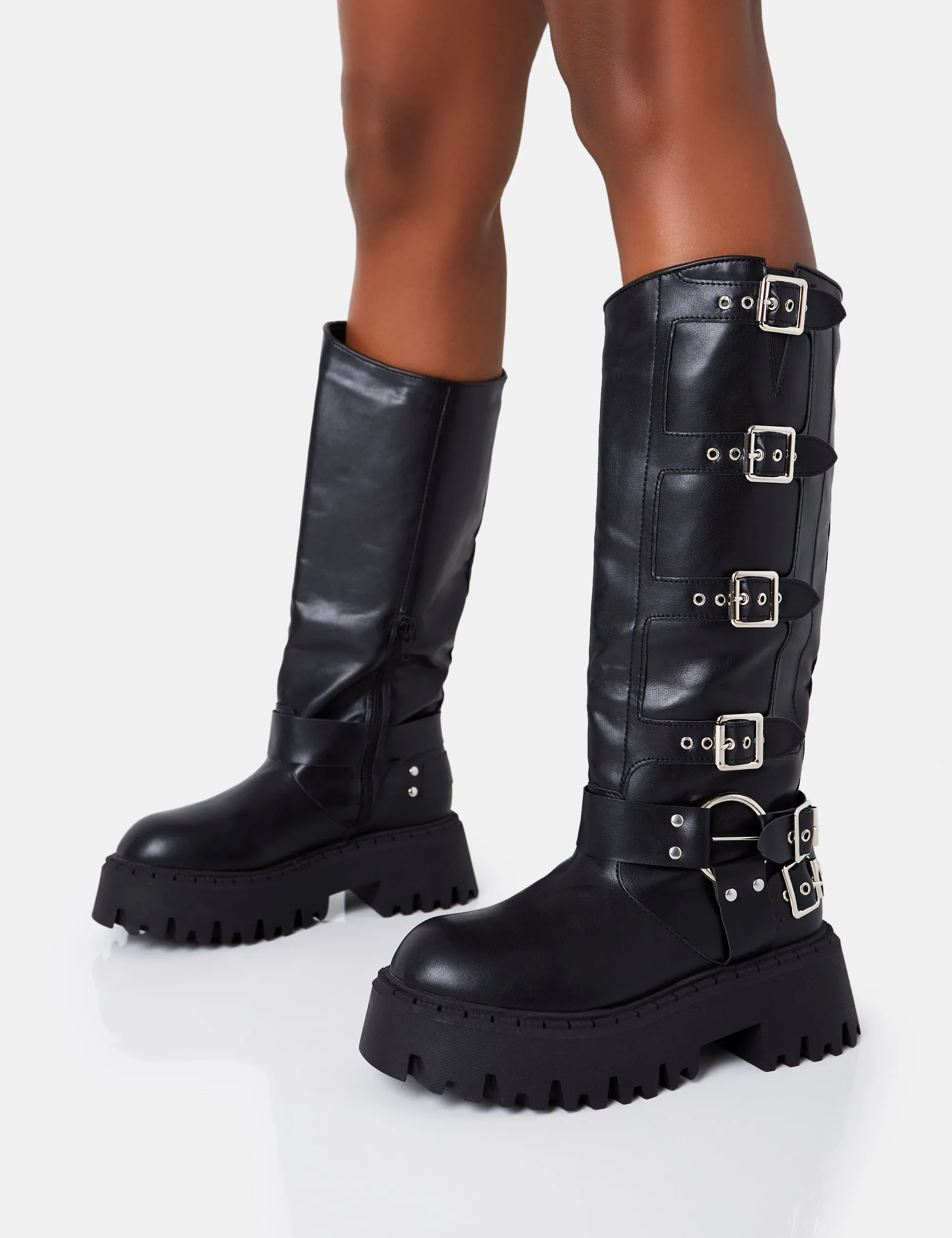 Punk Black Pu Chunky Sole Buckle Down Knee High Boot