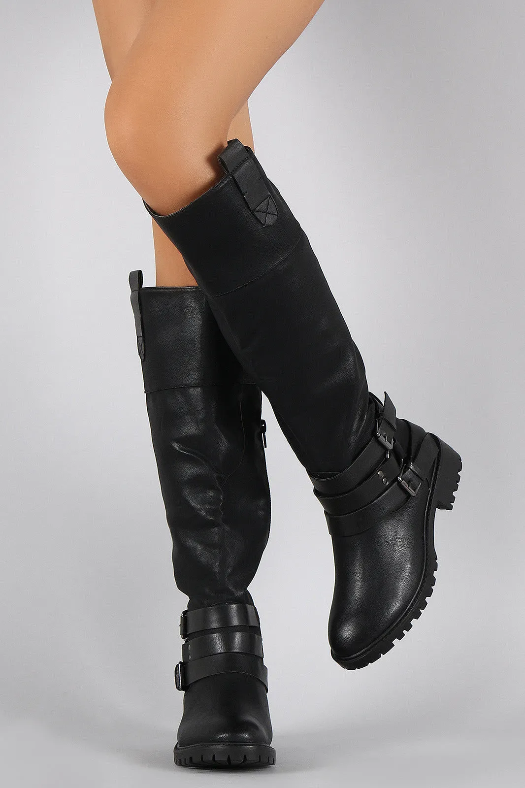 Qupid Buckle Lug Sole Riding Knee High Boots