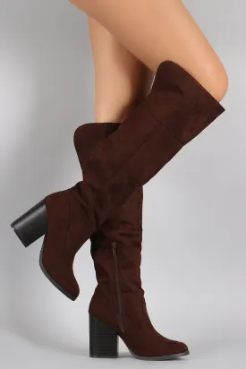 Qupid Suede Chunky Stacked Heeled Knee High Boots