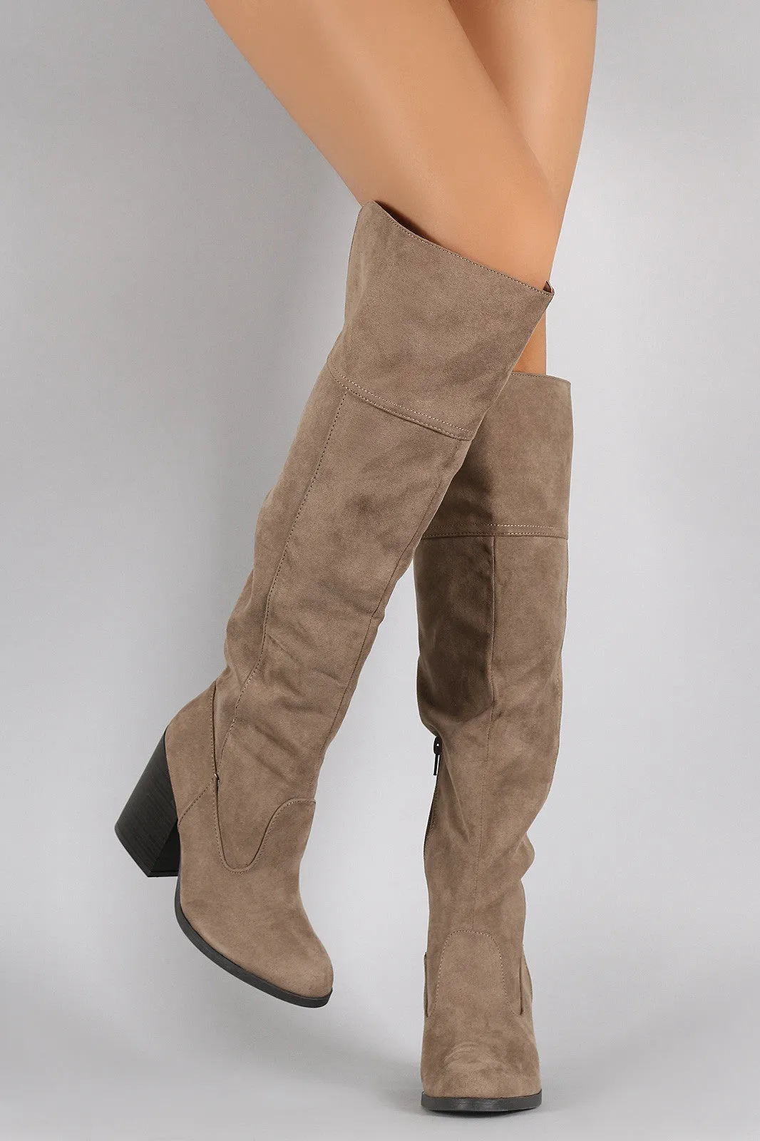 Qupid Suede Chunky Stacked Heeled Knee High Boots