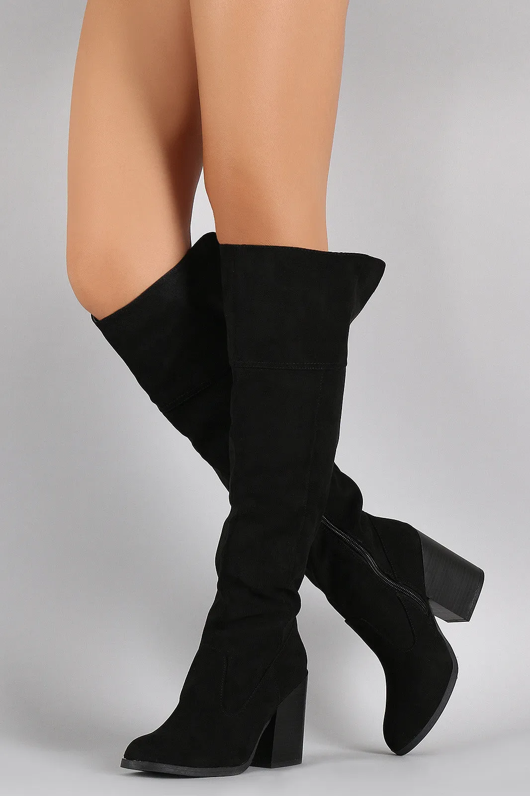 Qupid Suede Chunky Stacked Heeled Knee High Boots