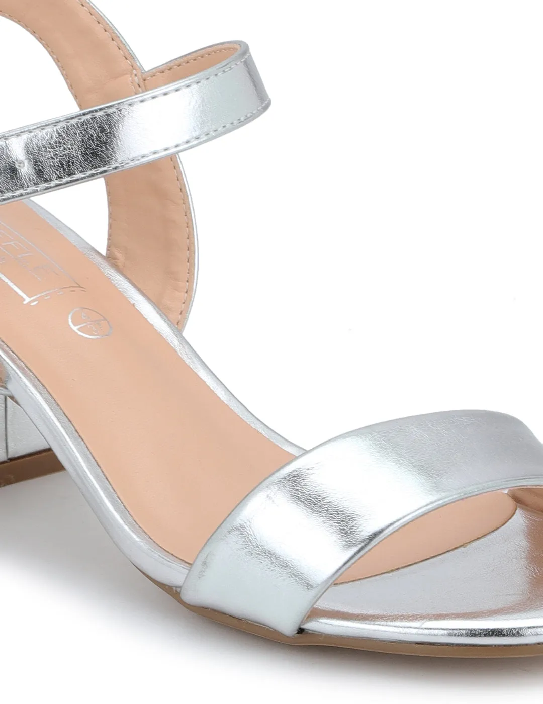 Silver PU Ankle Strap Low Block Heels