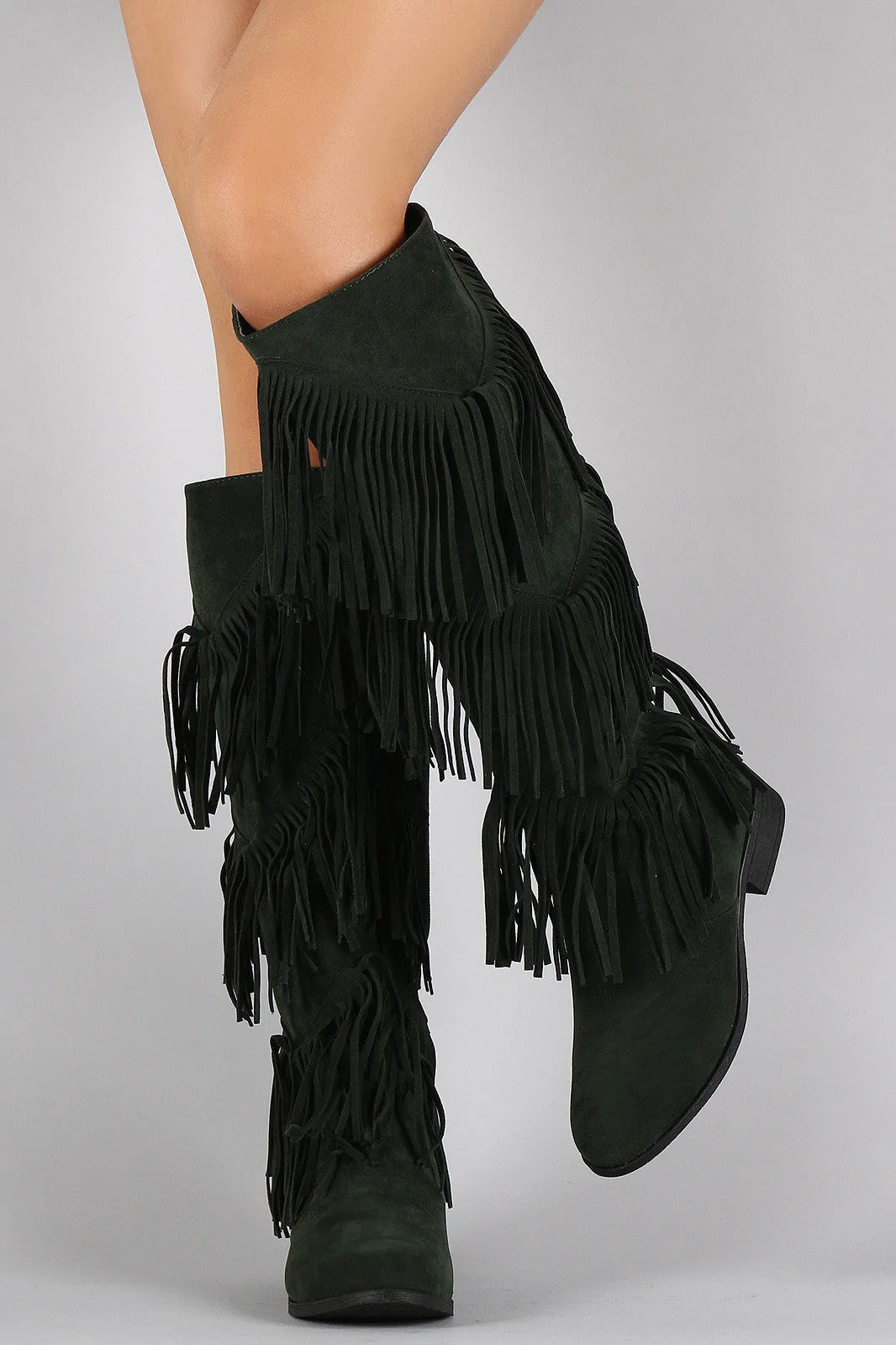 Suede Layered Fringe Round Toe Knee High Boots