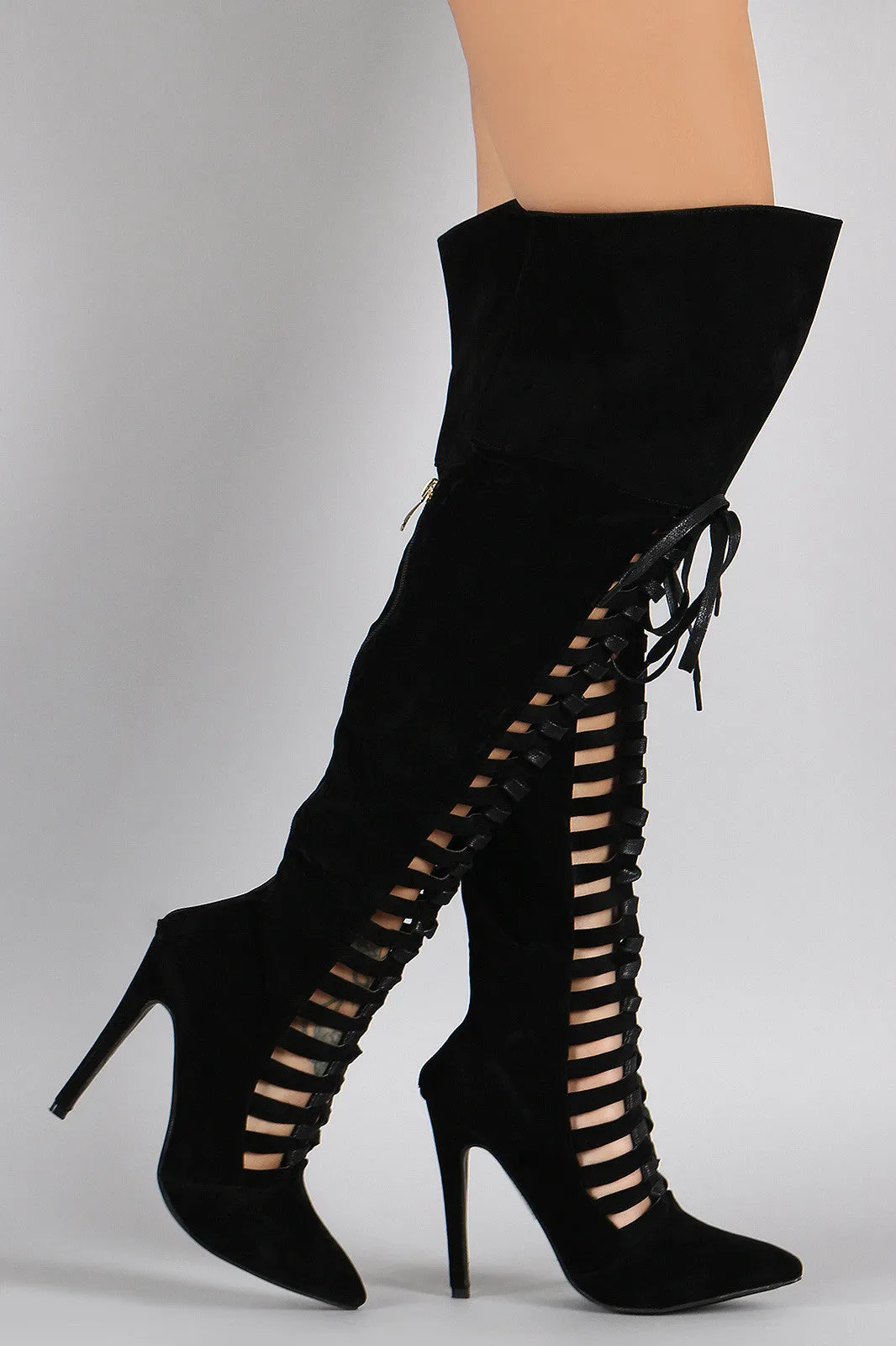 Suede Strappy Lace Up Pointy Toe Stiletto Over-The-Knee Boots