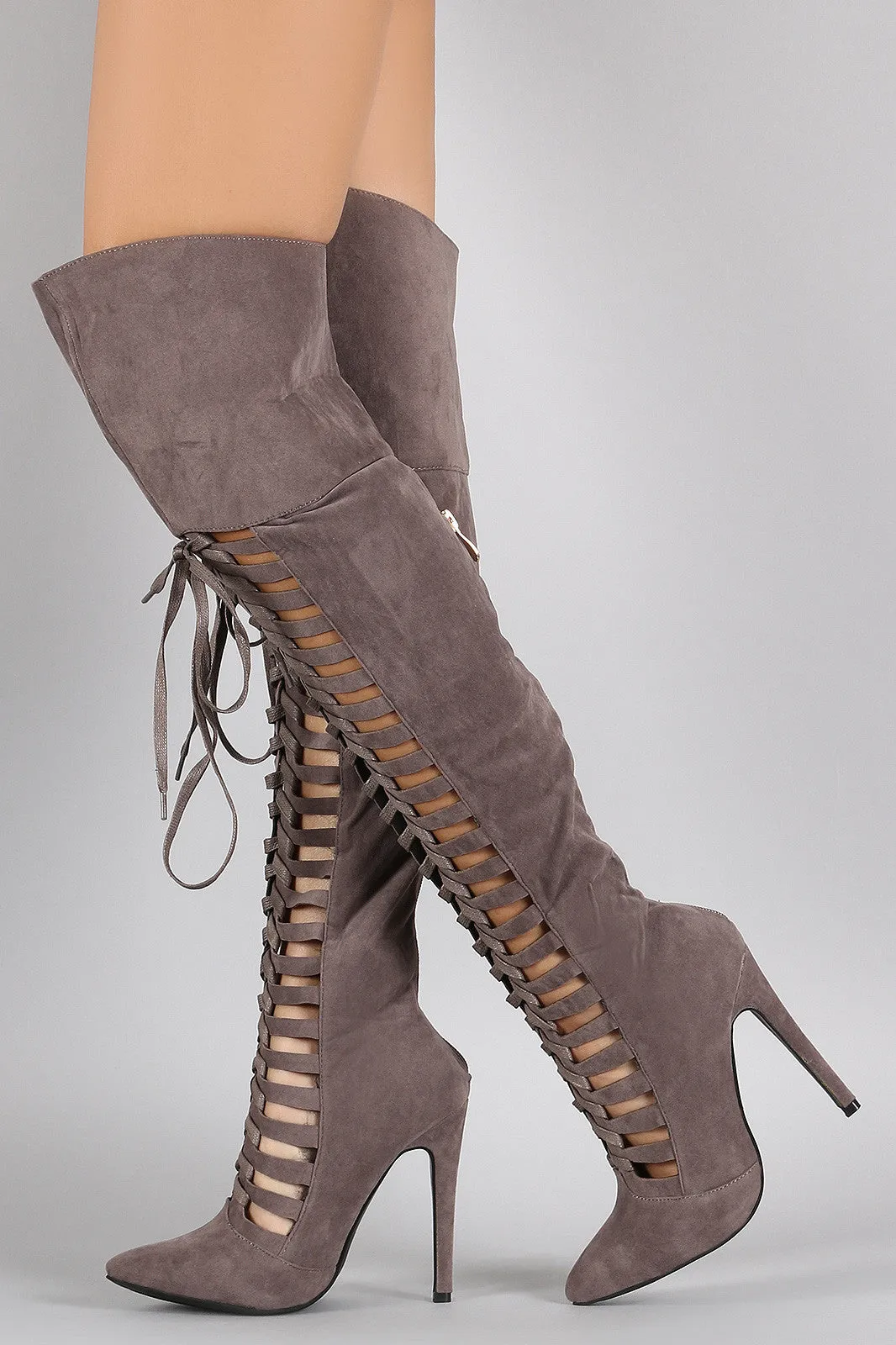 Suede Strappy Lace Up Pointy Toe Stiletto Over-The-Knee Boots